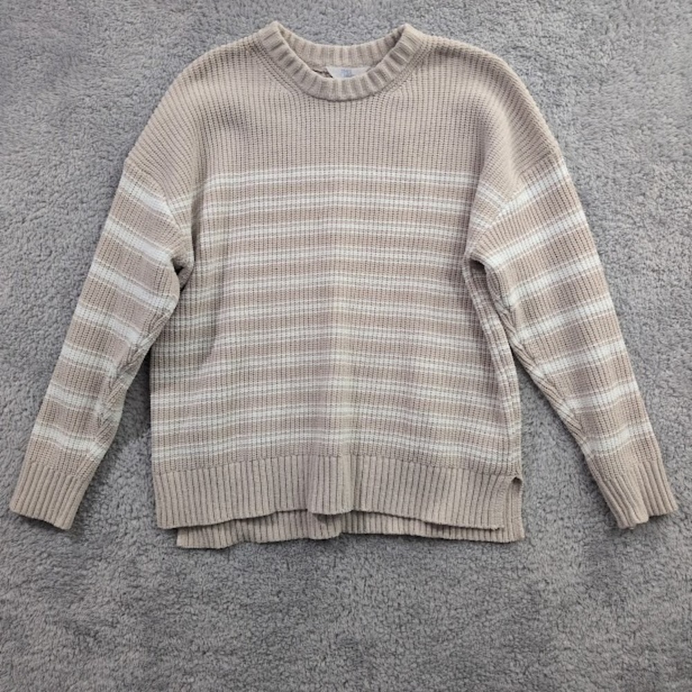Time and Tru Sweater Womens XL Tan White Chenille Knit Crewneck Pullover Striped